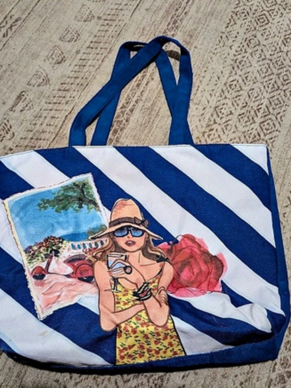 Lancome Blue and White Striped Postcard Graphic Beach Tote Bag Blue & White